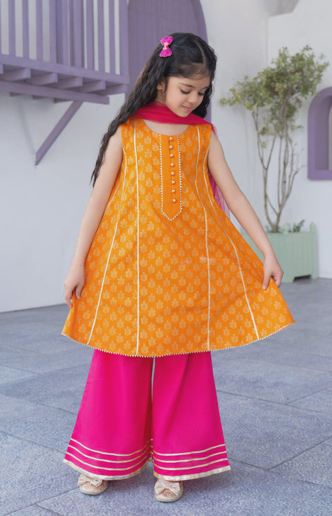 Burooj Kids Orange  Girls Trouser 3pc Set
