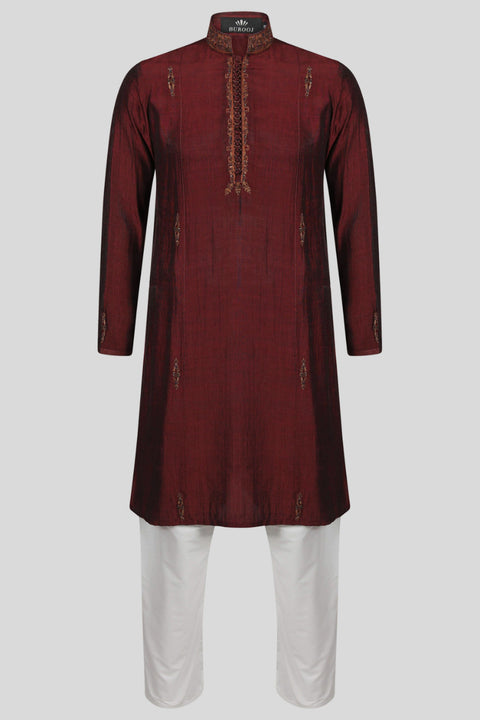 Burooj Mens Kurta Maroon Mughal Slim Fit