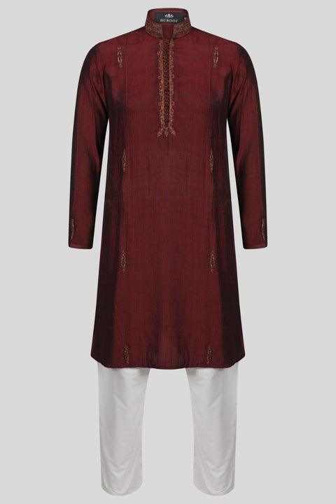 Burooj Mens Kurta Maroon Mughal Slim Fit