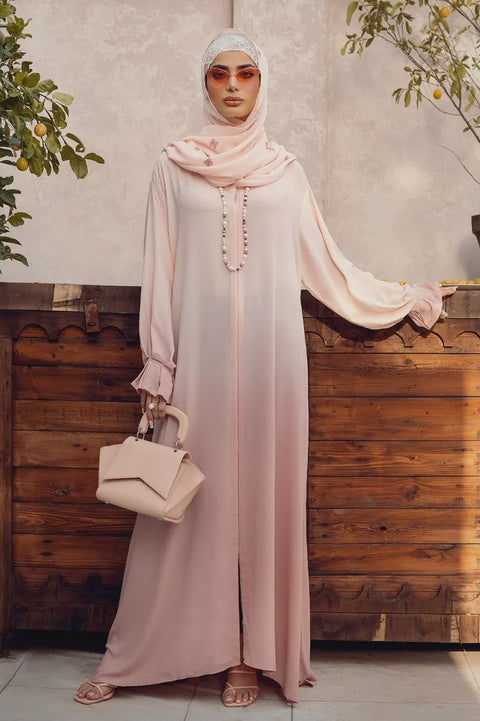 Peach Georgette Tie & Dye Abaya With Wool Chiffon Embroidered Scarf